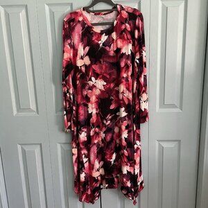 Logo‎ Lori Goldstein Pink Floral Long Sleeve Ruffle Midi Dress Lg Petite Pockets